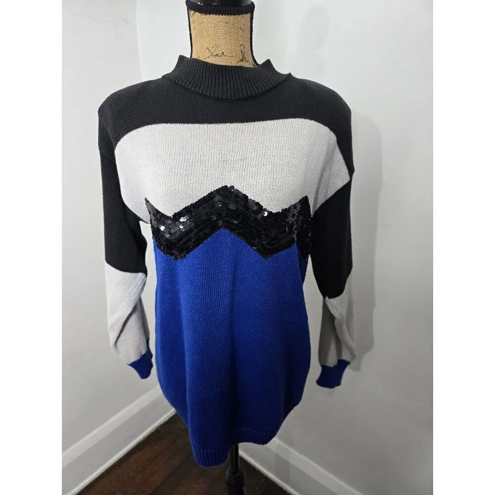 Vintage 90s Colorblock Sequin Sweater Chevron Maximalist